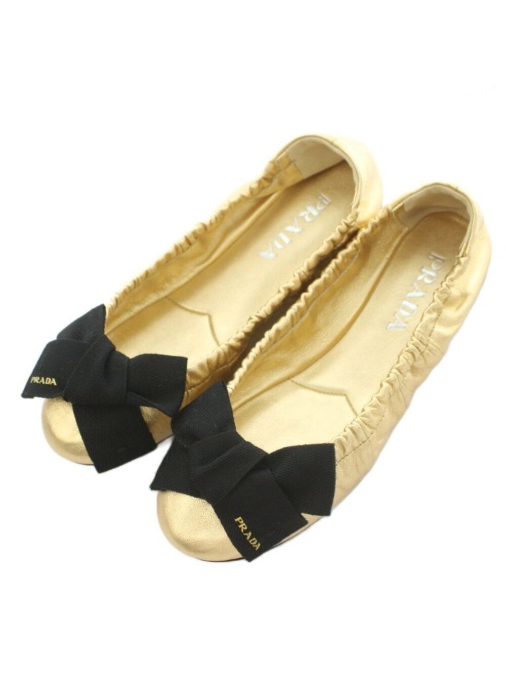 Prada Mordre Leather Flat Shoes Ballet Ribbon Round Toe Gold Color Black BB